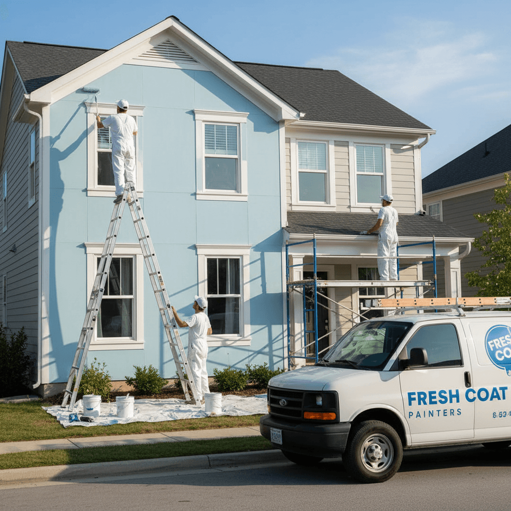 Team of three painters collaborating on a home exterior project