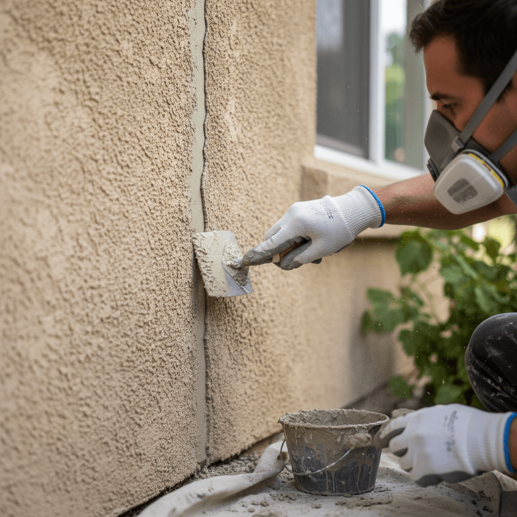 Close-up of a contractor repairing a crack in a stucco wall