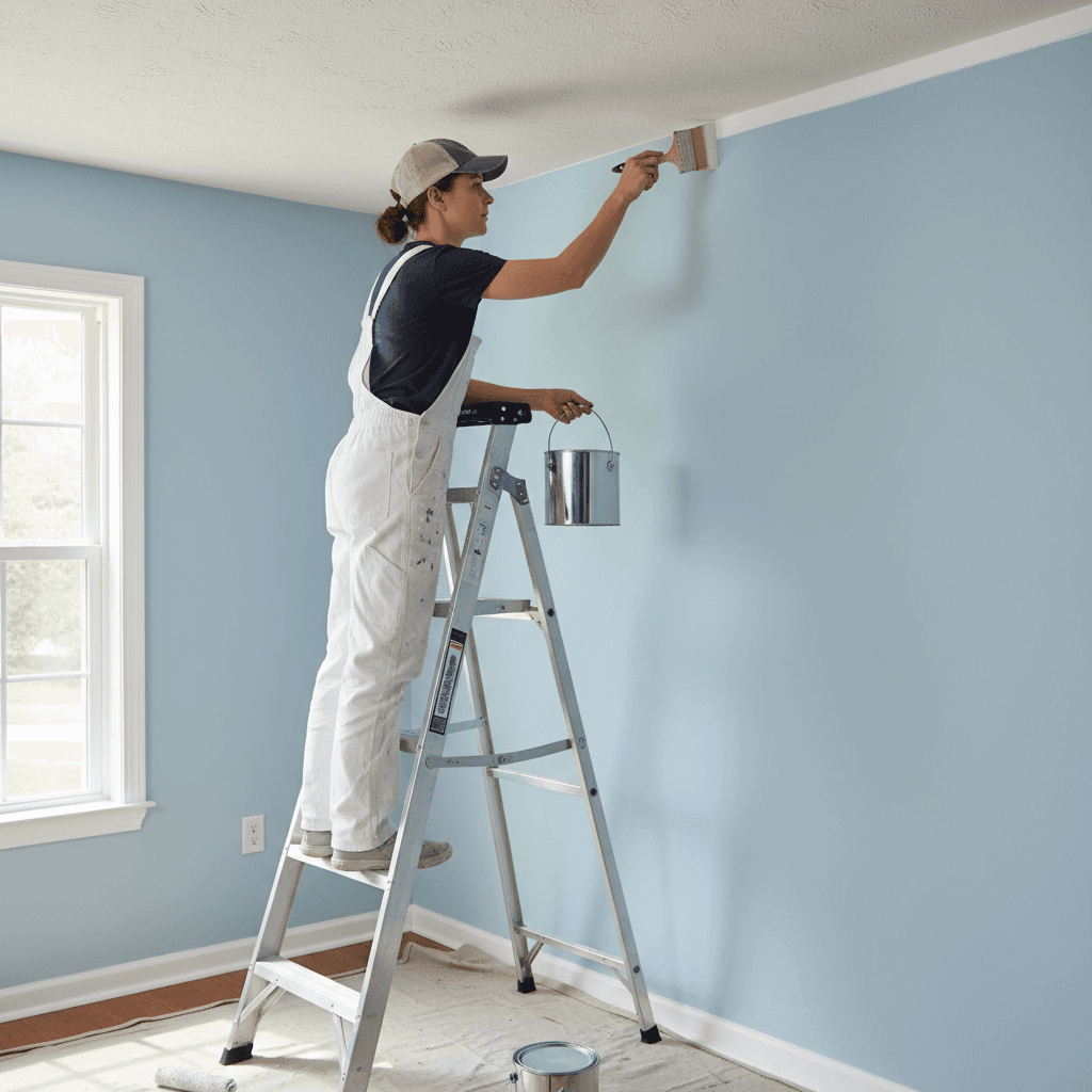 Painter cutting in a crisp line near the ceiling with a brush