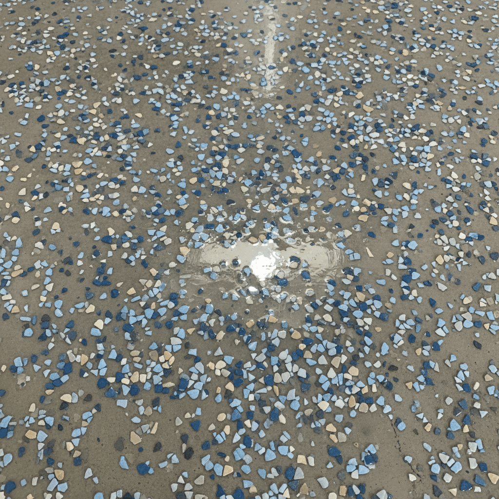 Garage floor with decorative color chips in wet epoxy