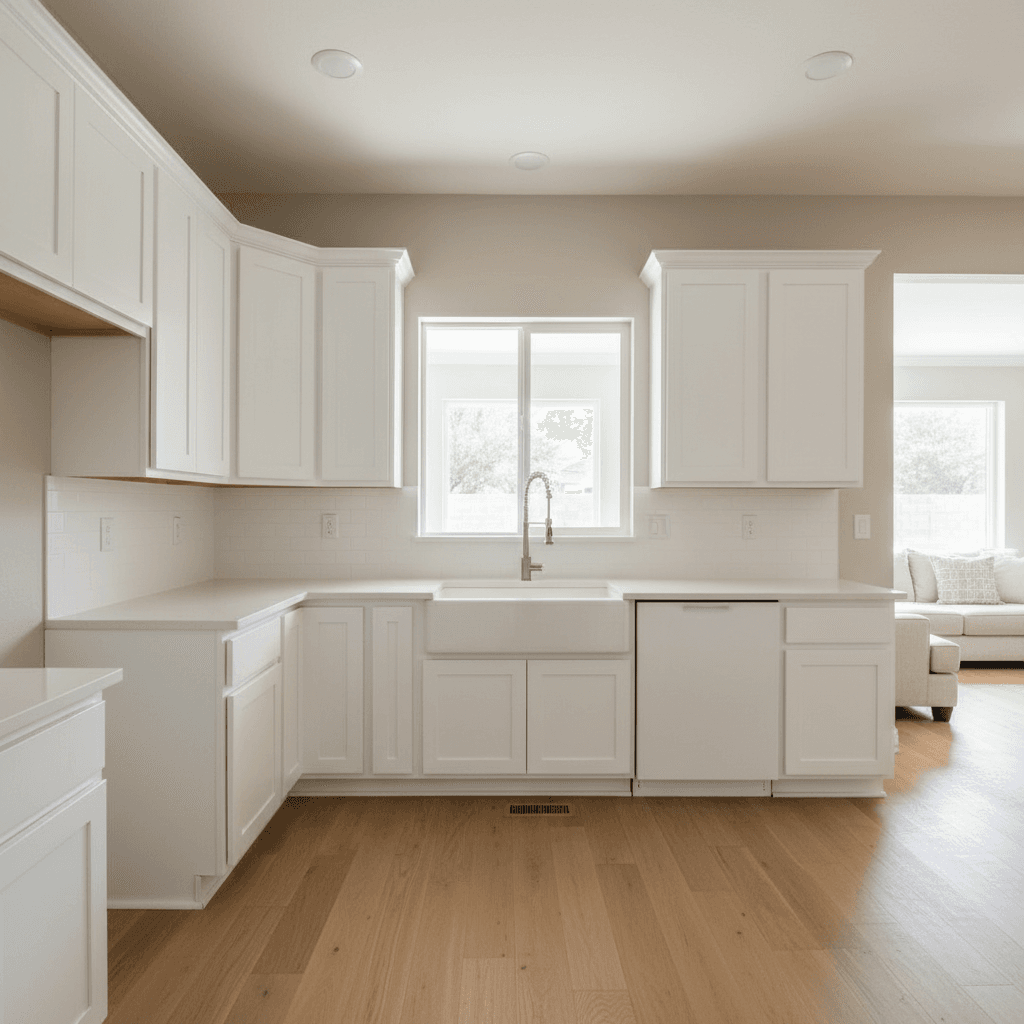 Painted kitchen with white cabinets and soft gray walls