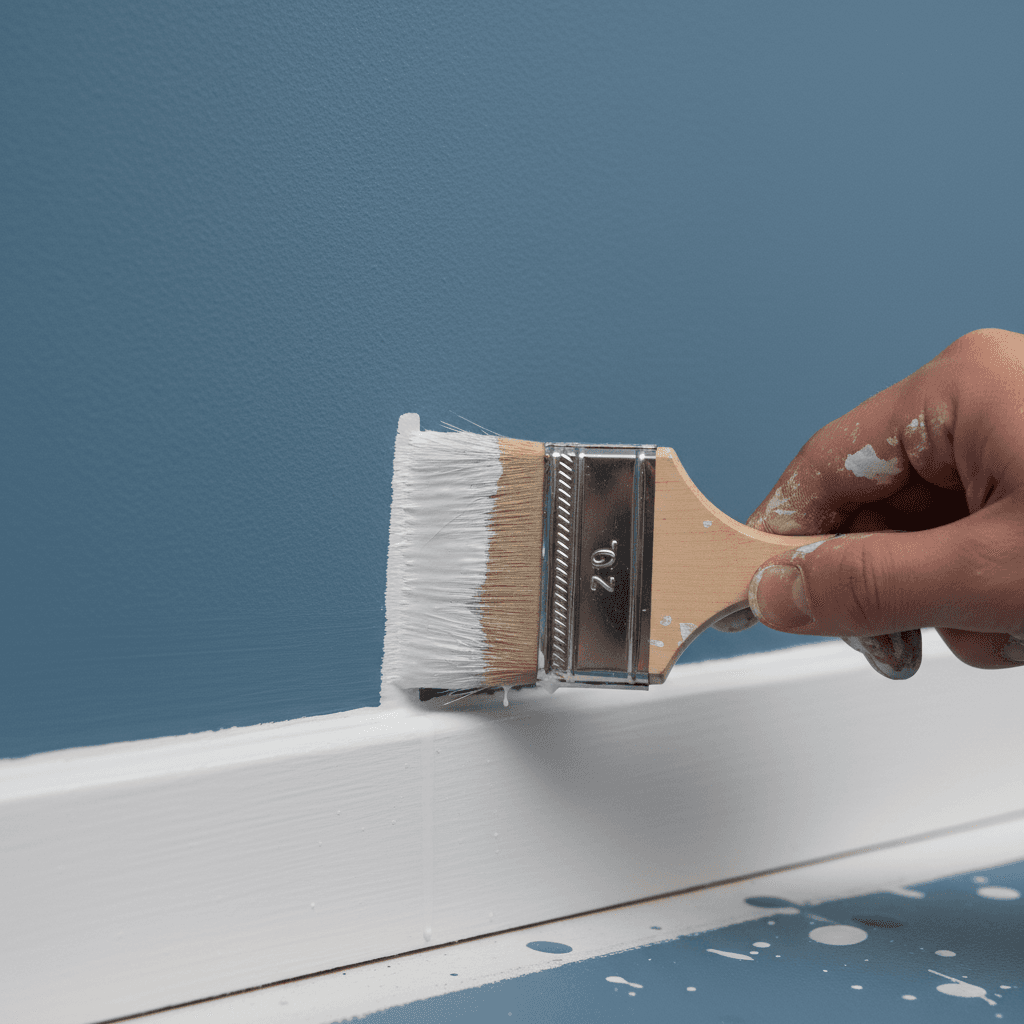 Close-up of a paintbrush cutting in trim beside a finished wall
