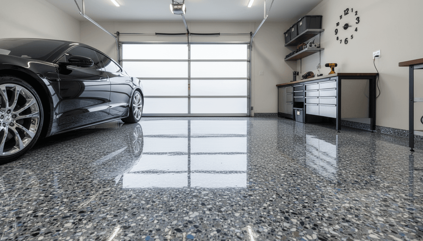Glossy gray epoxy garage floor with decorative chip finish inside a home garage