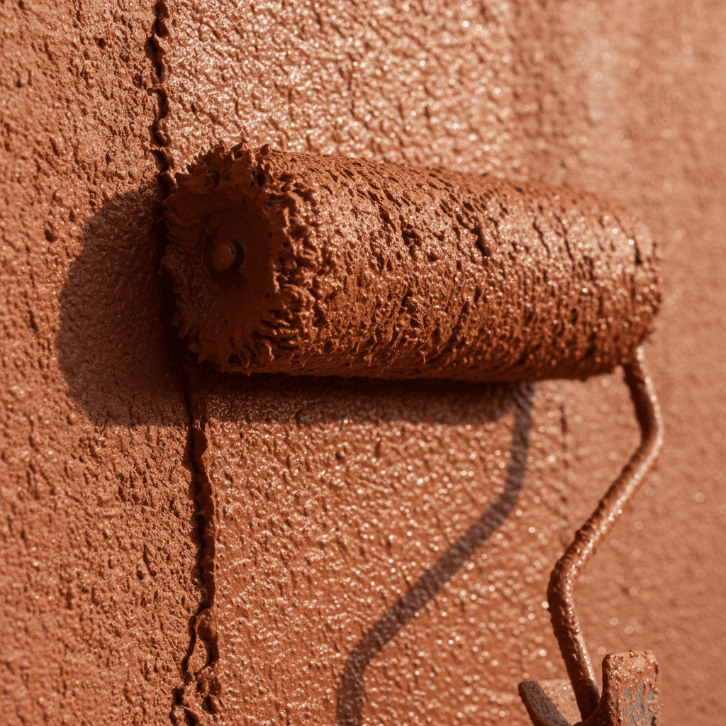 Close-up of paint roller applying coating to stucco