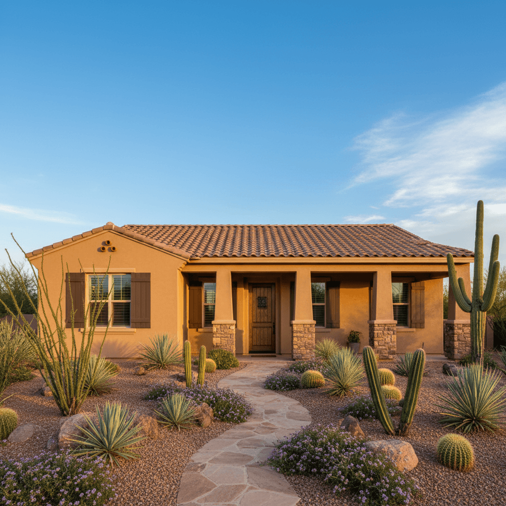 Warm tan painted home with brown shutters