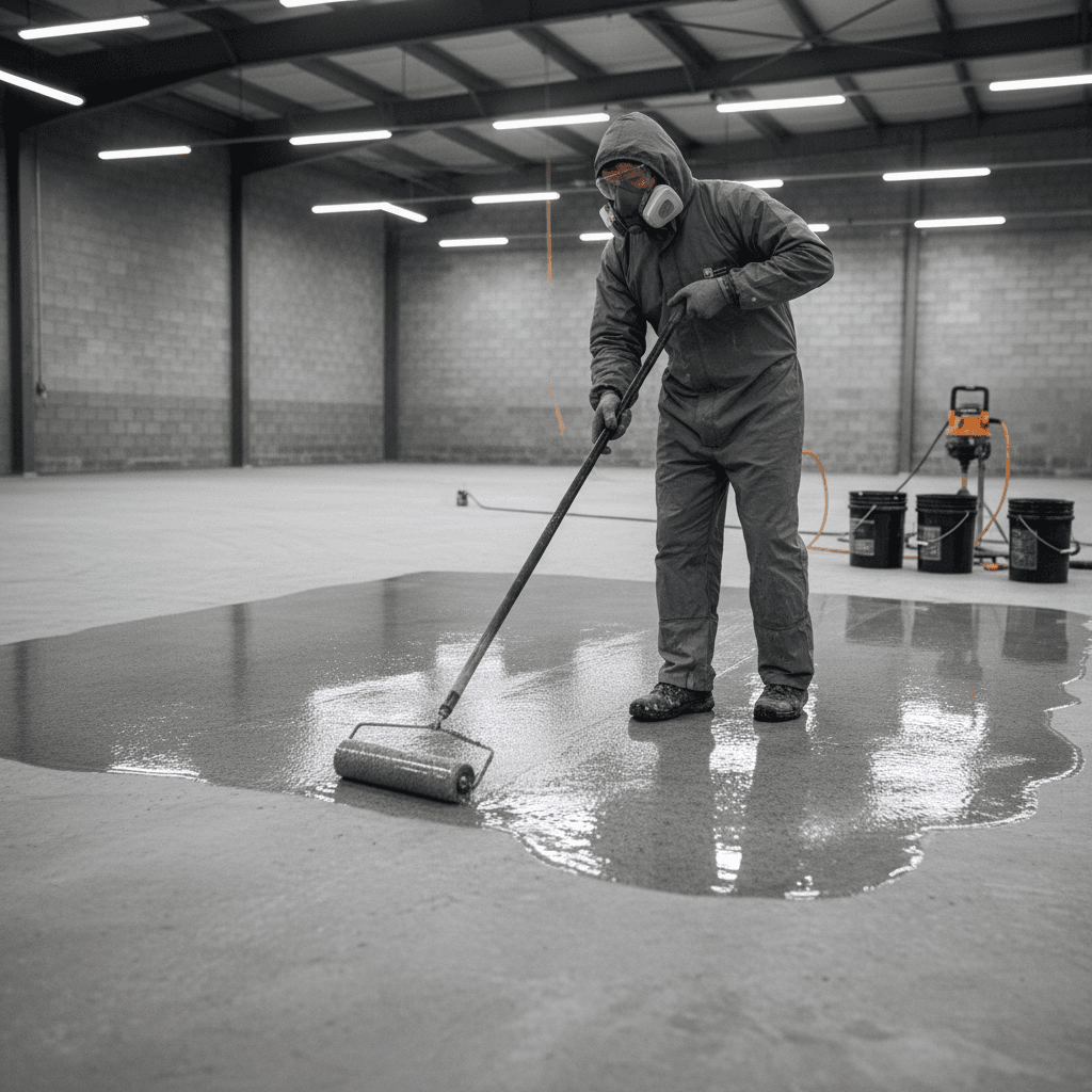Professional applying epoxy coating to a concrete floor with a roller