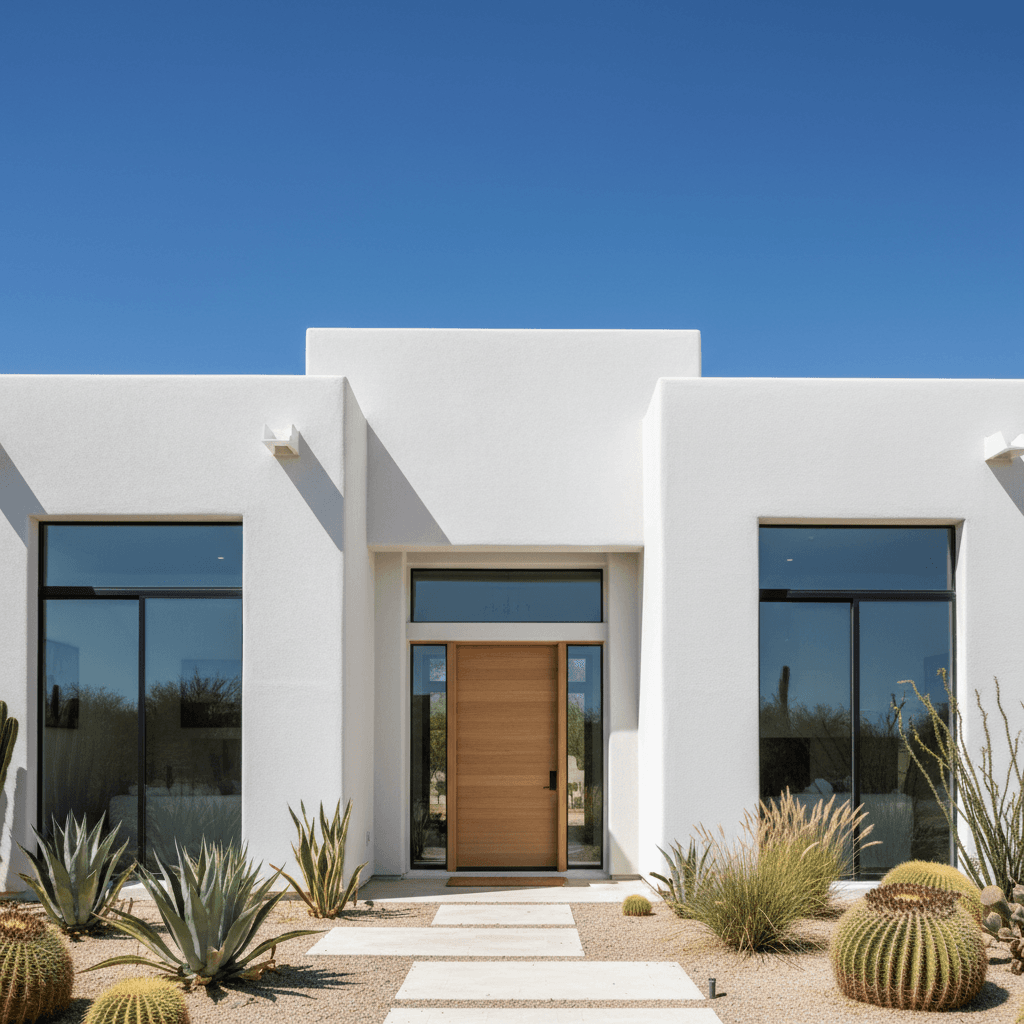 Freshly painted modern home exterior against a clear desert sky