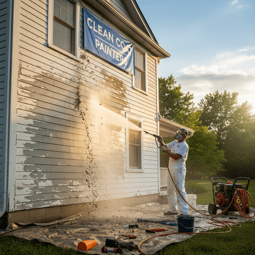 Power washing a stucco wall before exterior painting