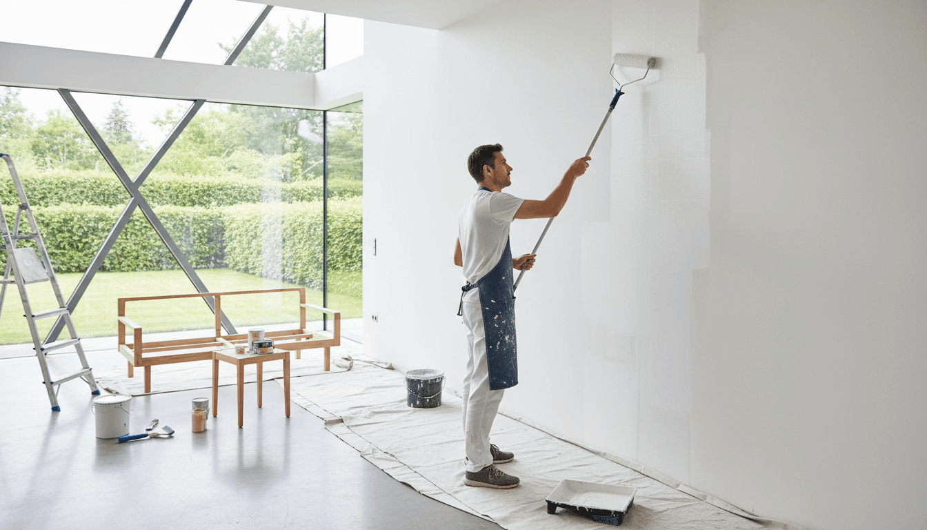 Professional painter applying paint with roller to an interior wall