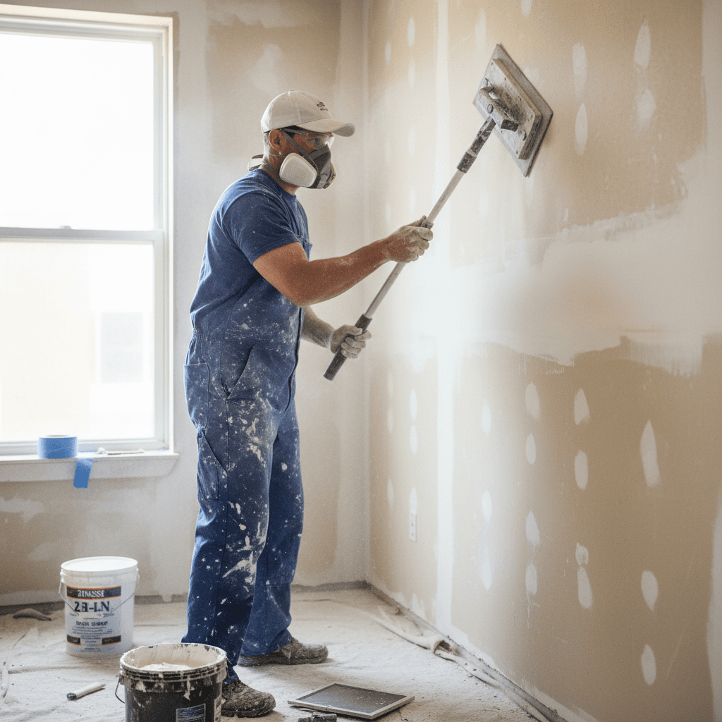 Painter sanding an interior wall smooth before applying primer