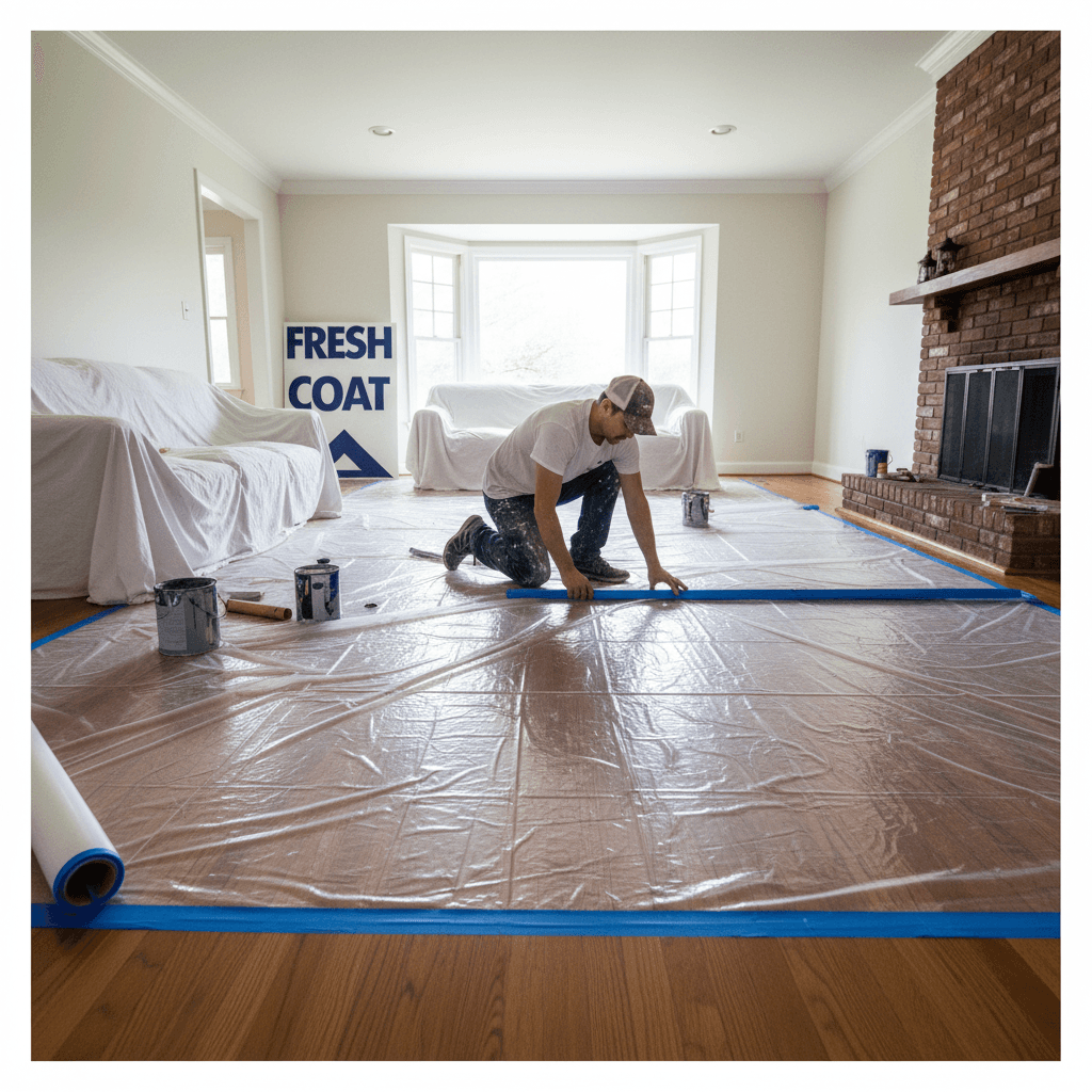 Painter protecting hardwood floors with plastic sheeting before painting