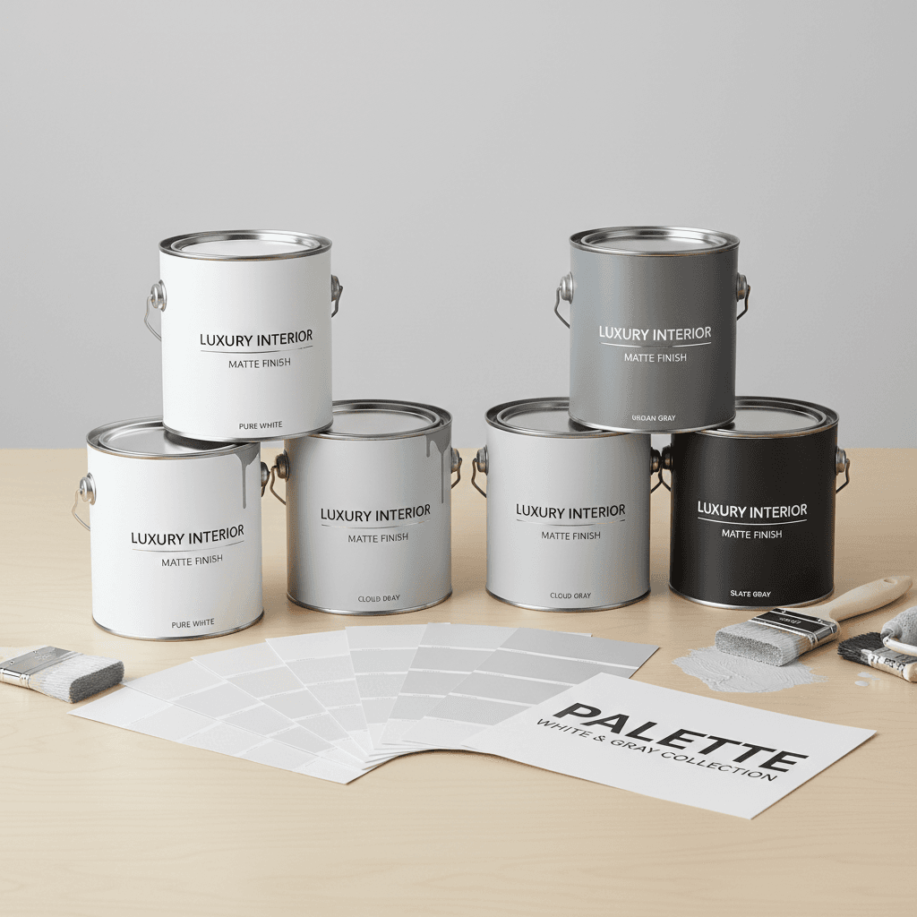 Cans of premium paint with color swatches nearby