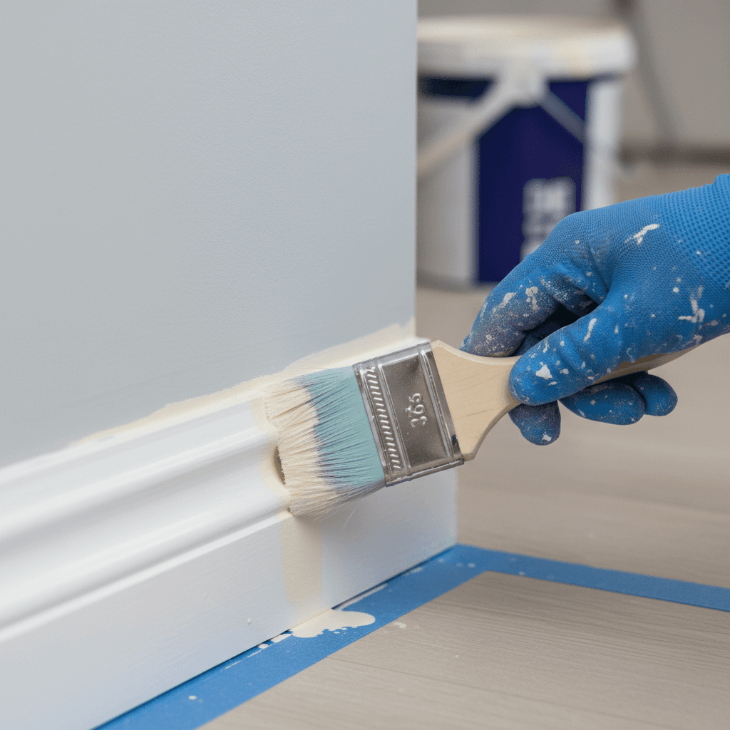 Close up of painter cutting in clean paint edge with brush near trim