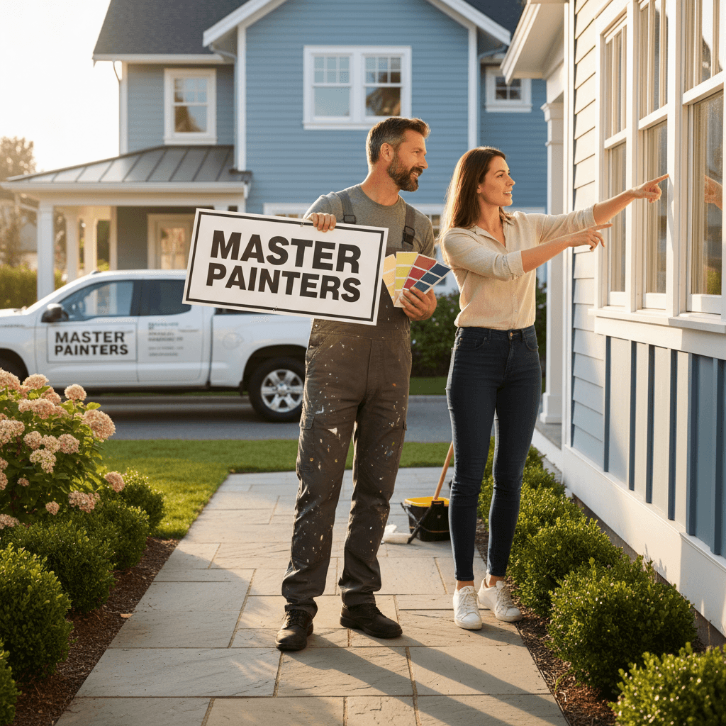 Professional painter talking with a homeowner outside their house