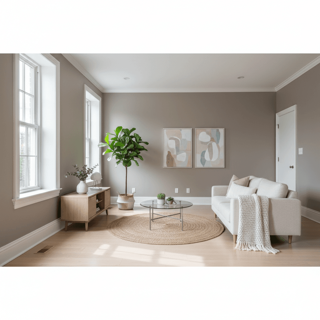 Freshly painted living room in warm gray with crisp white trim