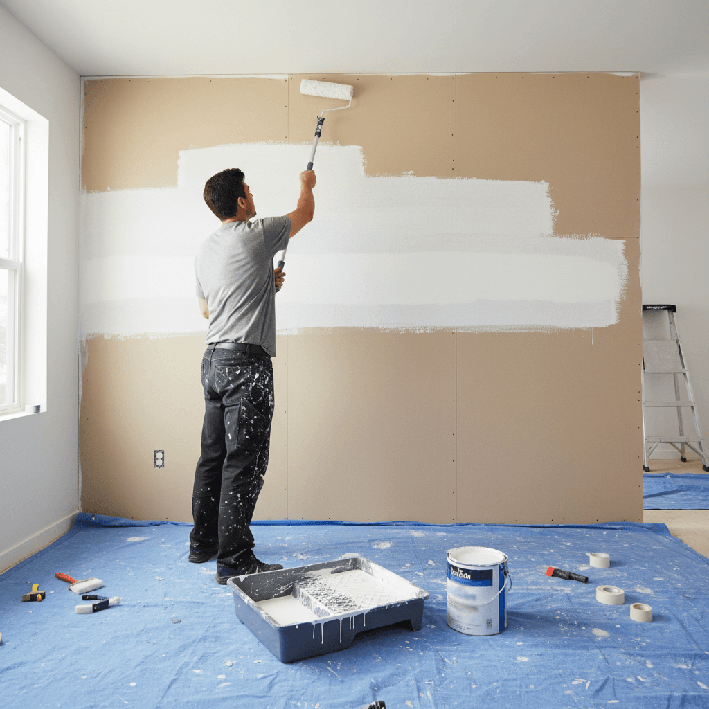 Painter applying primer to an interior wall with a paint roller and tray