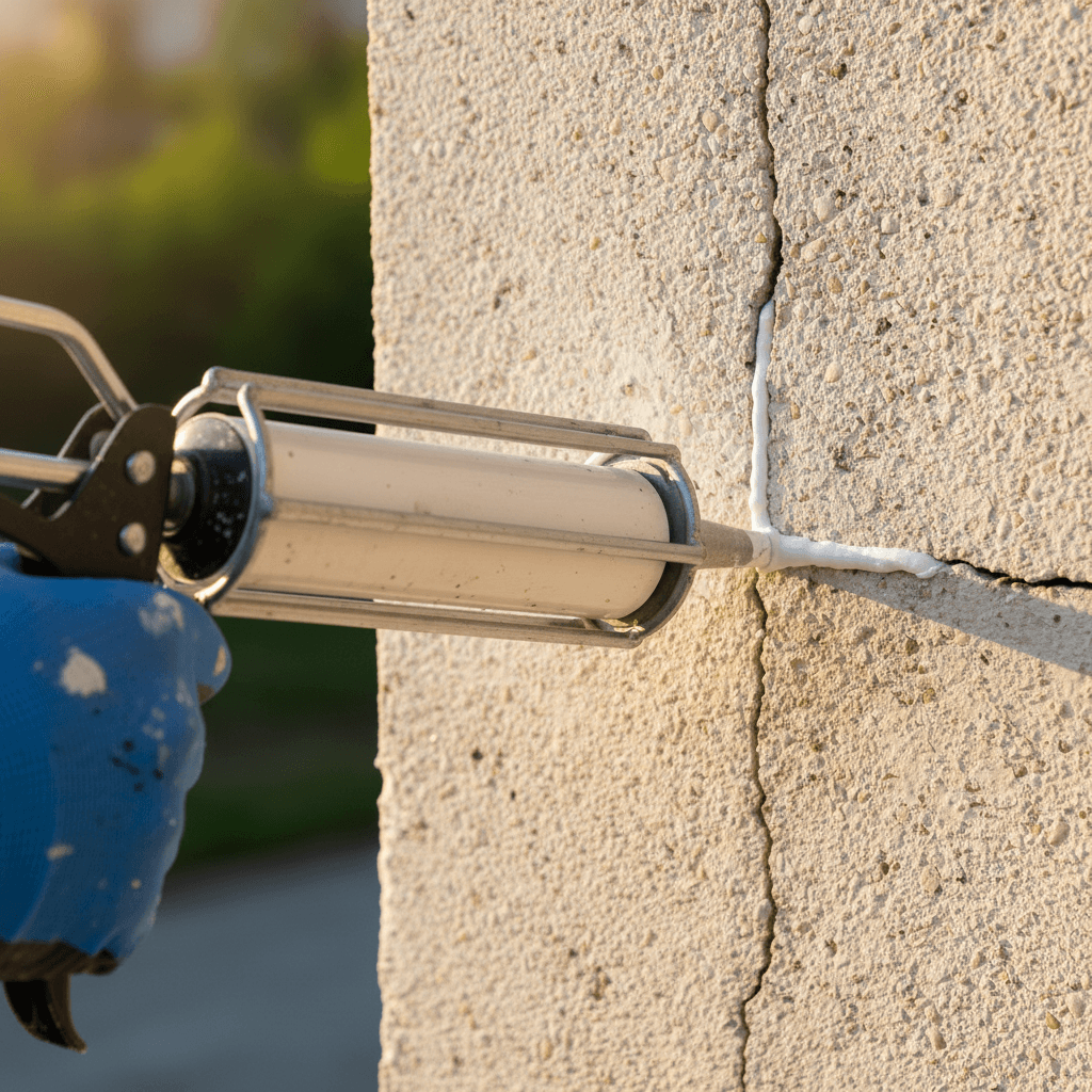 Close up of a caulking gun sealing a crack on an exterior wall