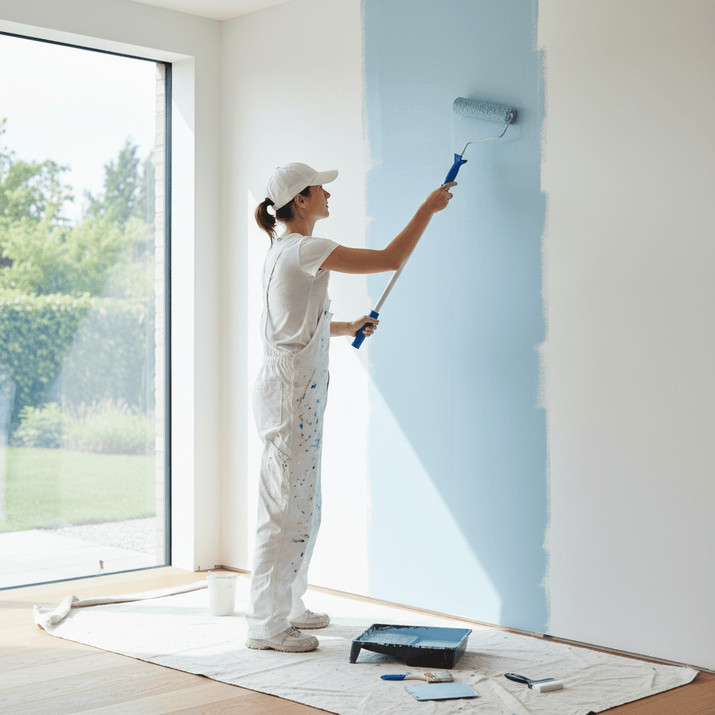 Professional painter applying paint to an interior wall