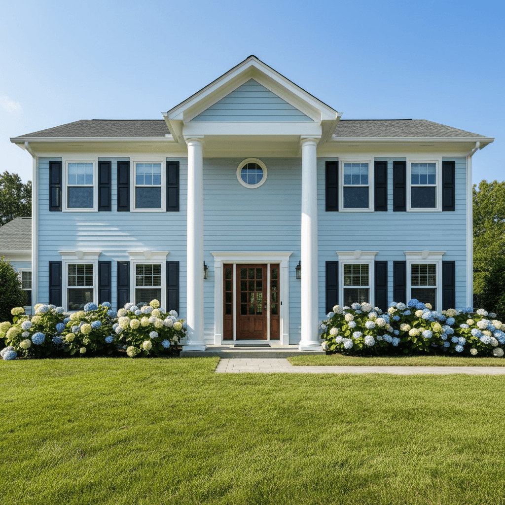 Two-story home with fresh light blue paint