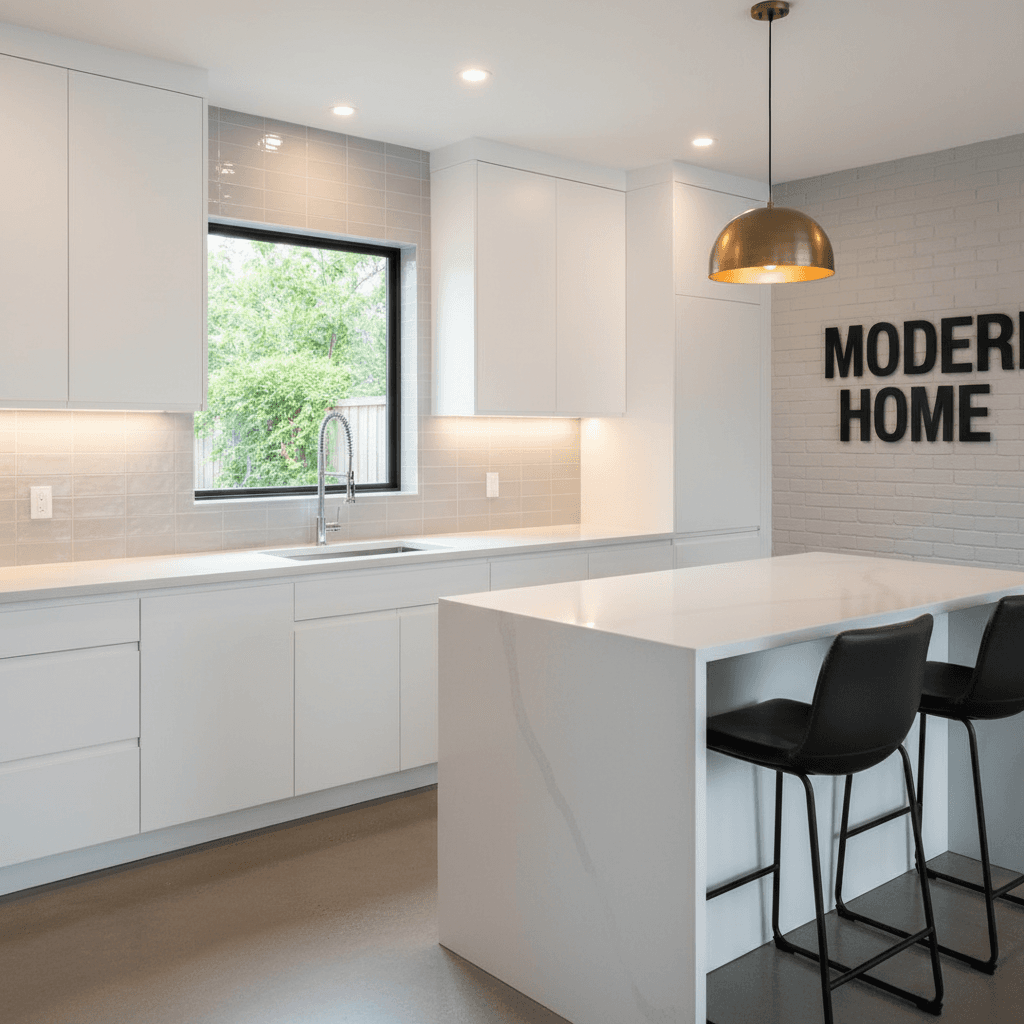 Refinished kitchen cabinets with smooth white enamel finish