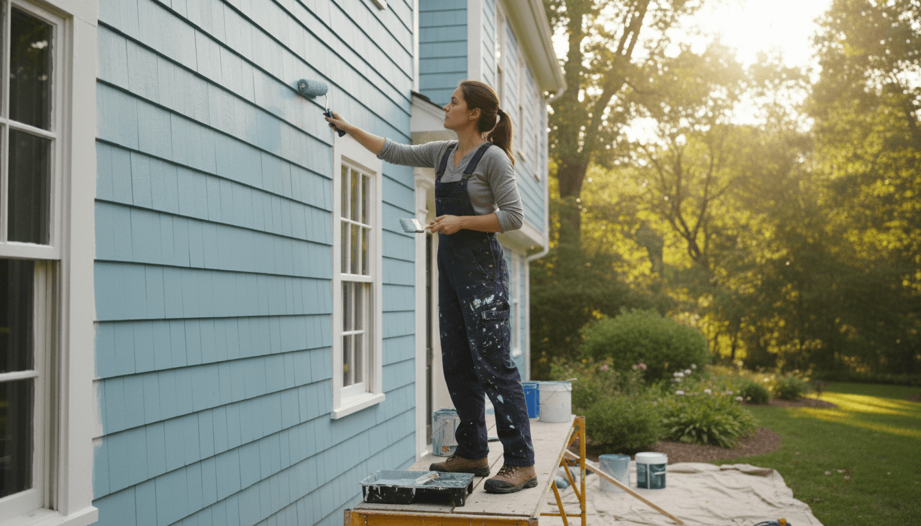 Professional painter applying fresh paint to the exterior wall of a house