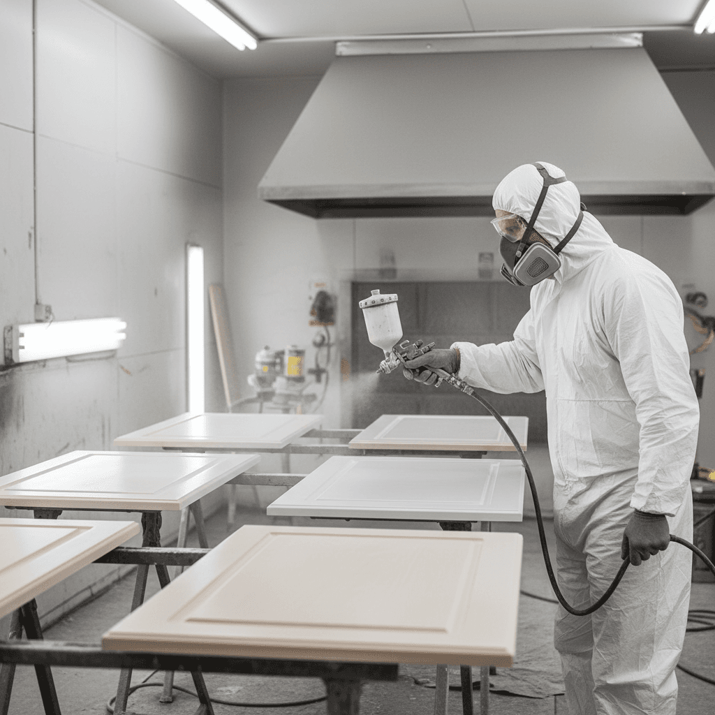 Professional spray painter applying coat of paint to cabinet doors