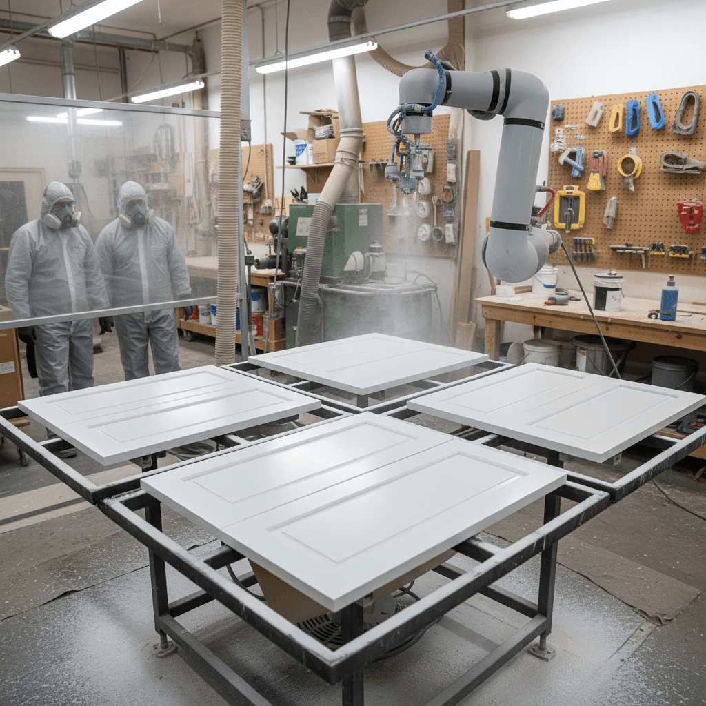 Cabinet doors being sprayed with paint on a rig in a workshop