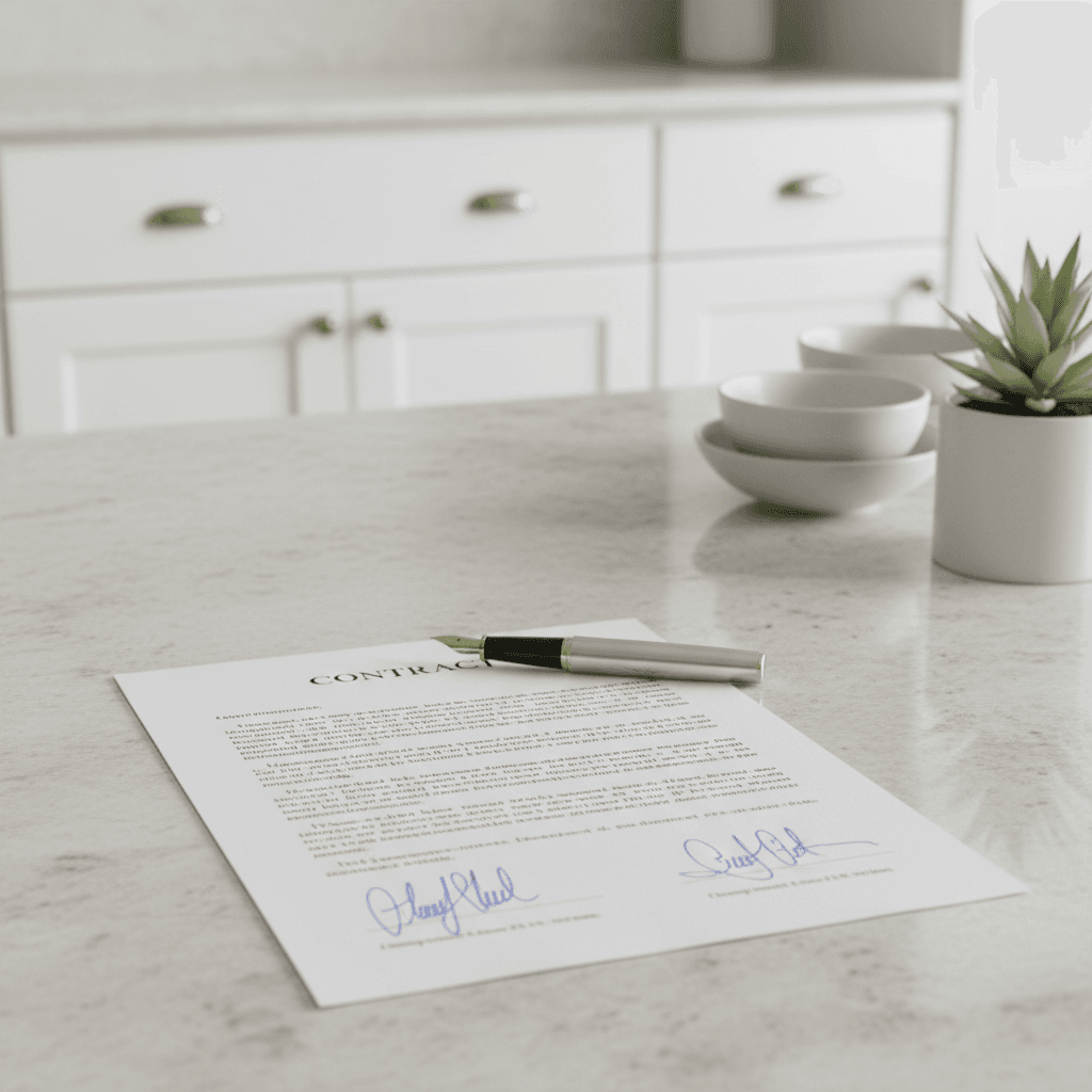 Signed contract on a kitchen counter with freshly painted cabinets