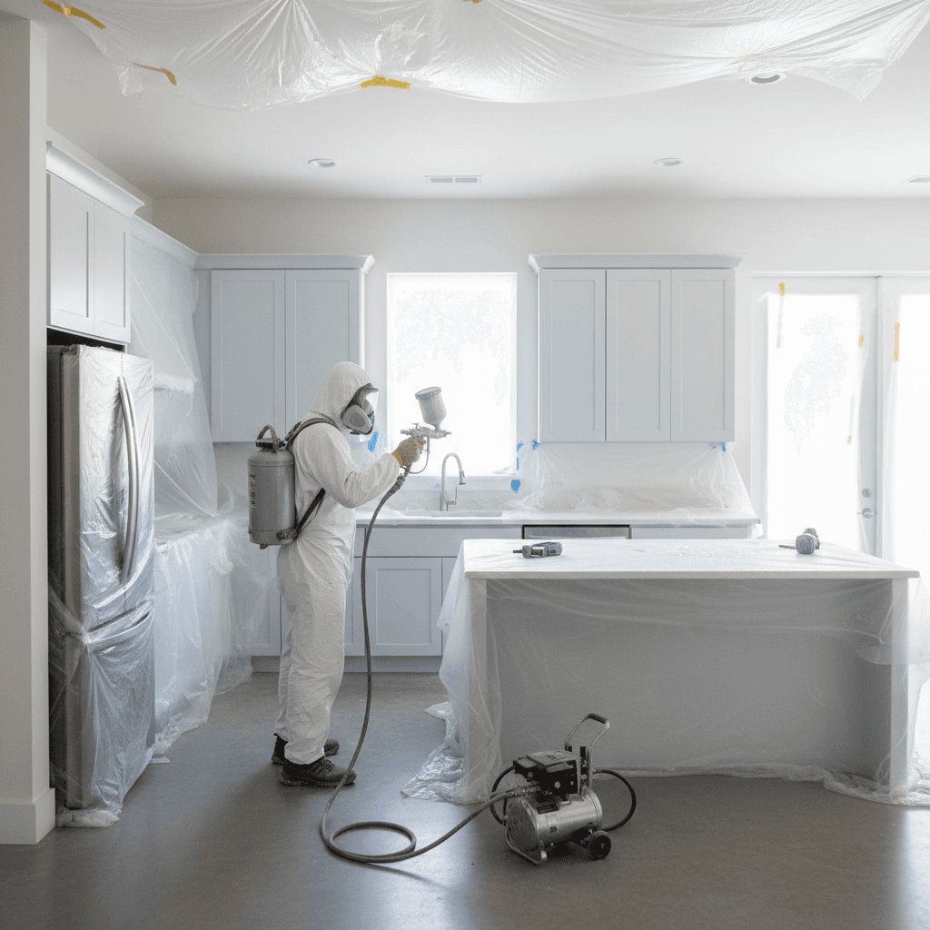 Painter spray painting kitchen cabinets with professional equipment
