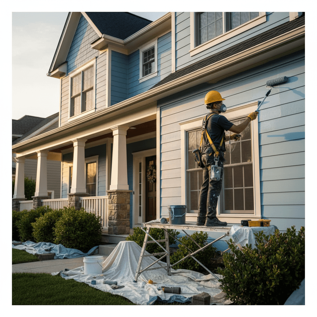 Professional painter in safety gear working on a residential house
