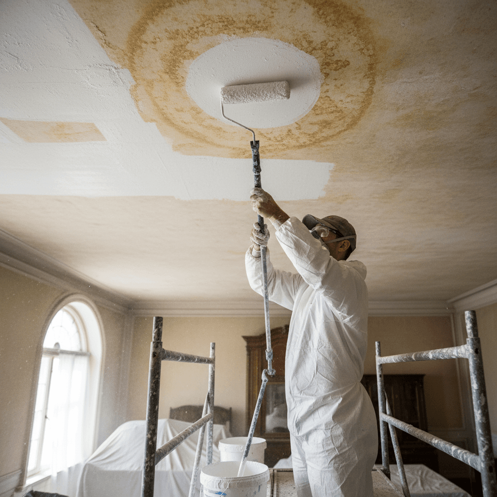 Painter priming a stained ceiling surface to prepare for repainting