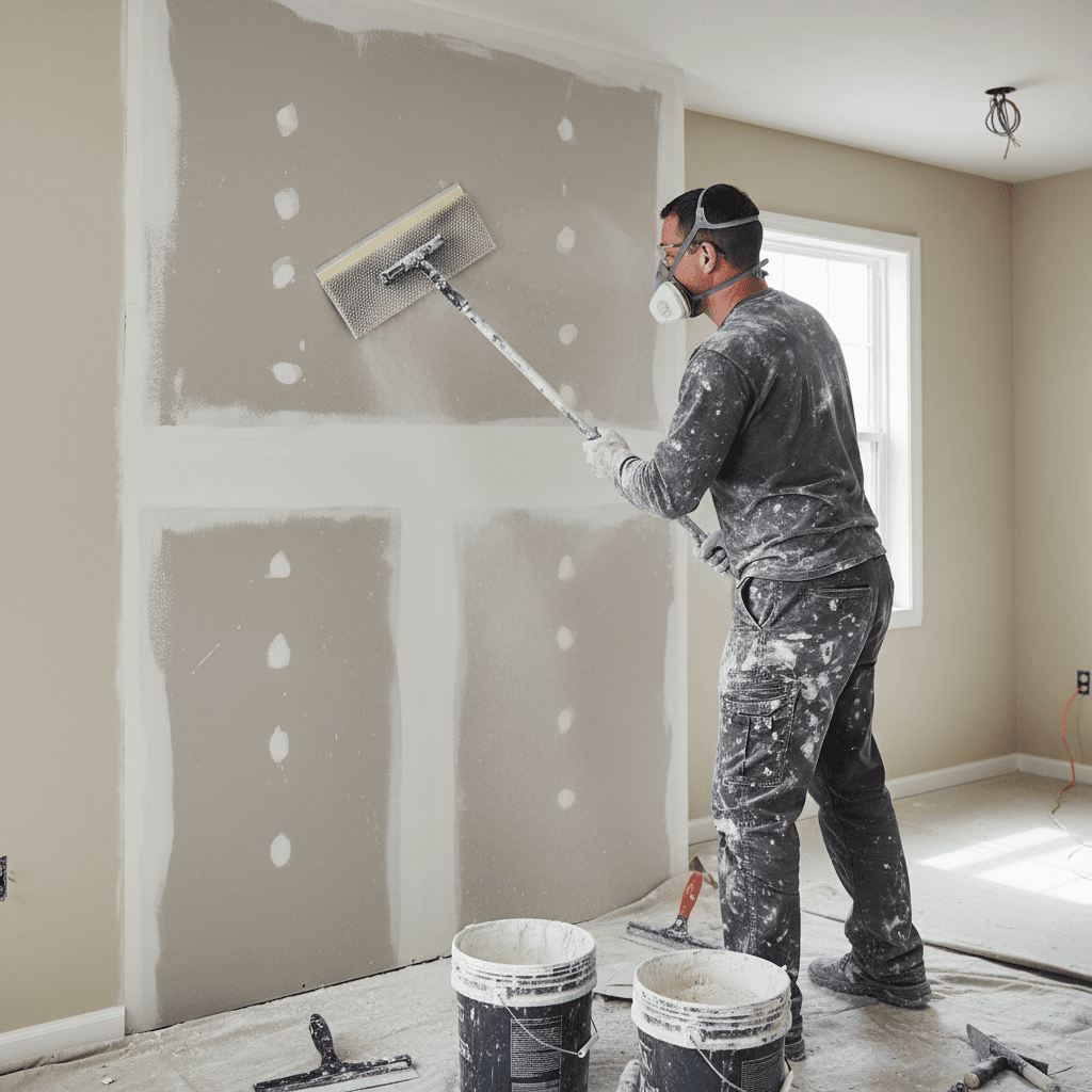 Painter sanding a wall before painting