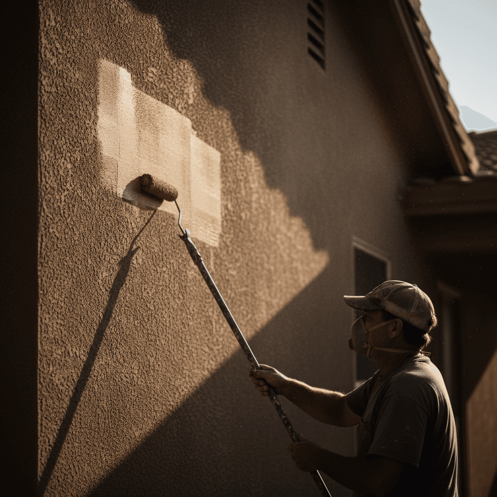 Painter applying taupe paint to a house wall in Chandler