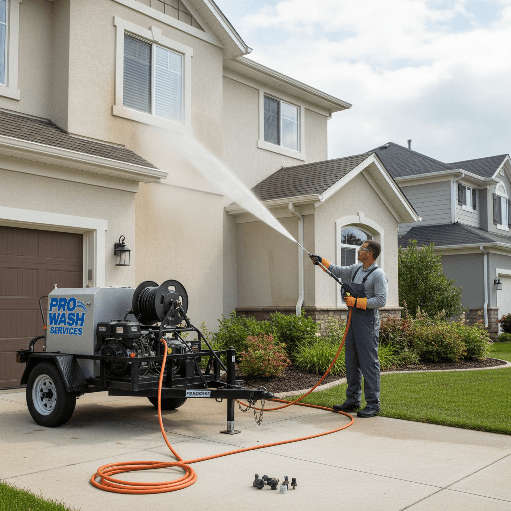 Professional power washing the exterior wall of a house