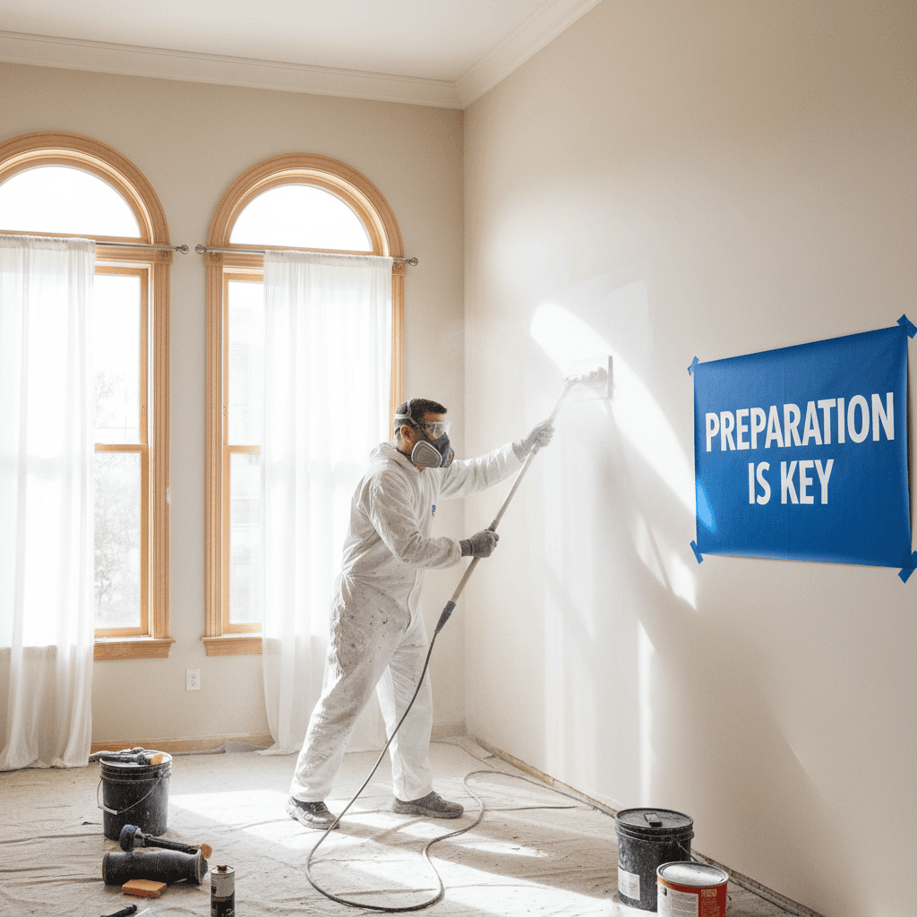 Painter sanding an interior wall during preparation