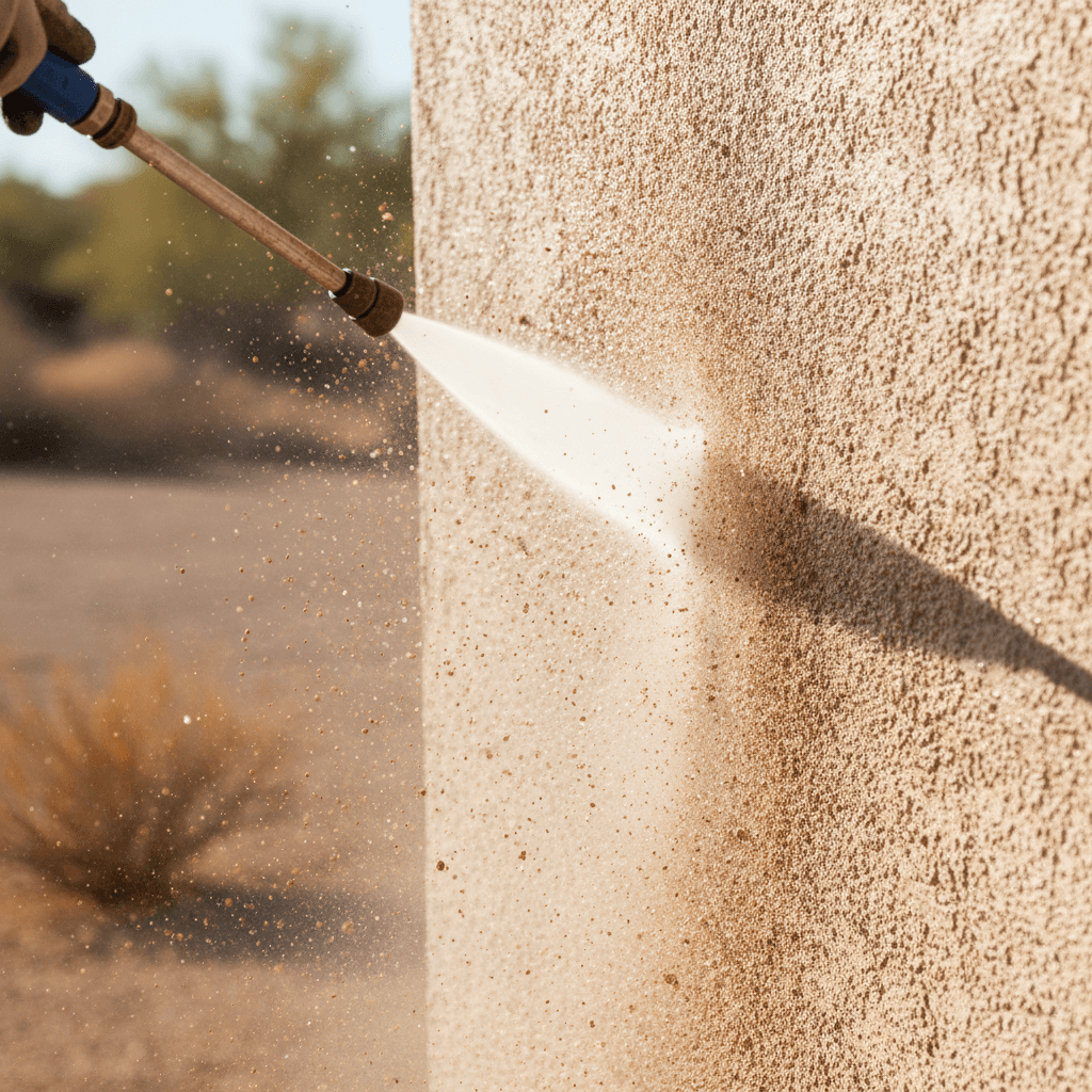 Power washing a stucco wall, removing dust and chalk before painting