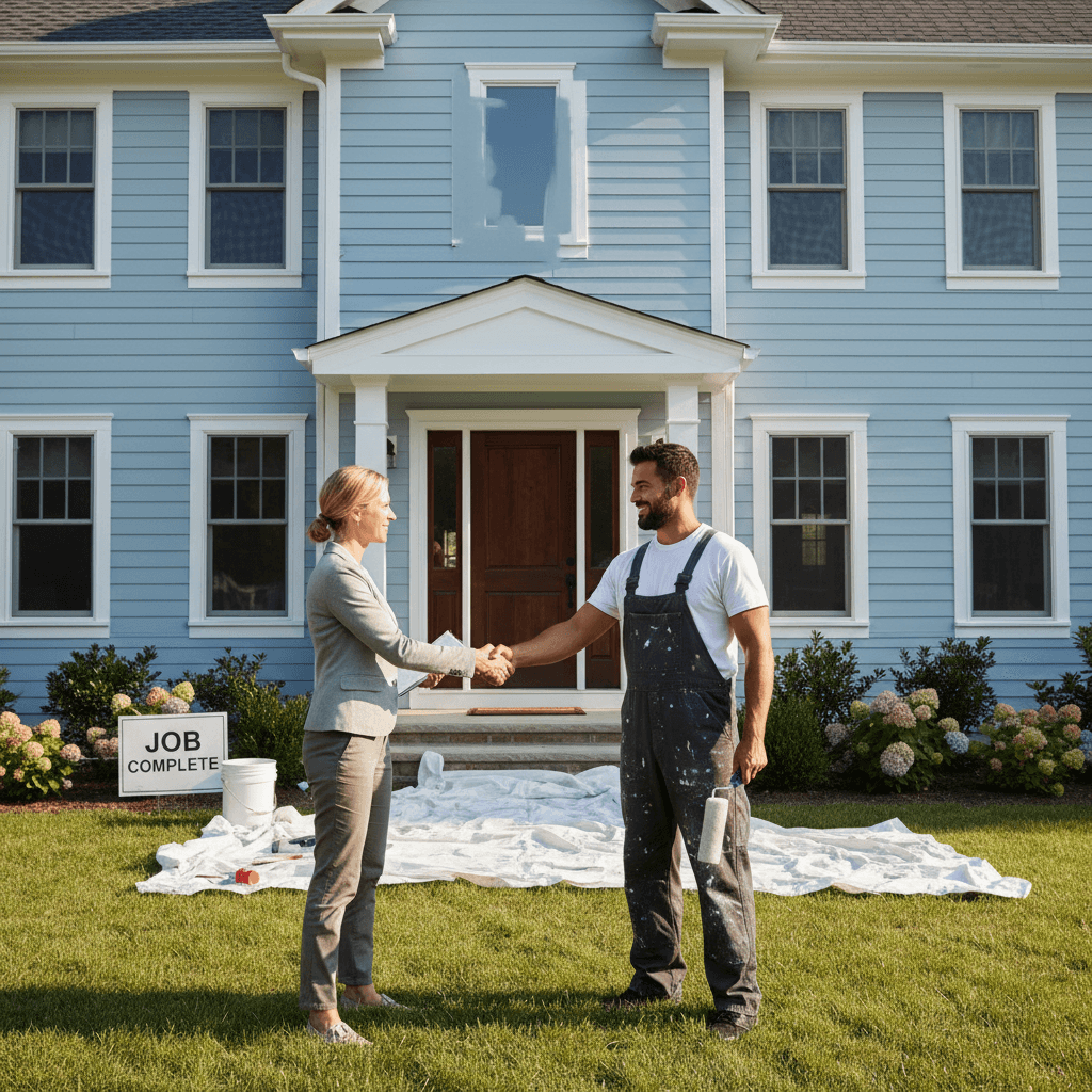 Homeowner walking with a painter to inspect a completed exterior paint job