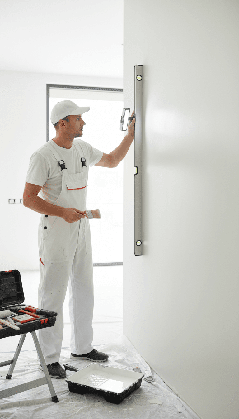 A professional painter inspecting a smooth, freshly painted wall