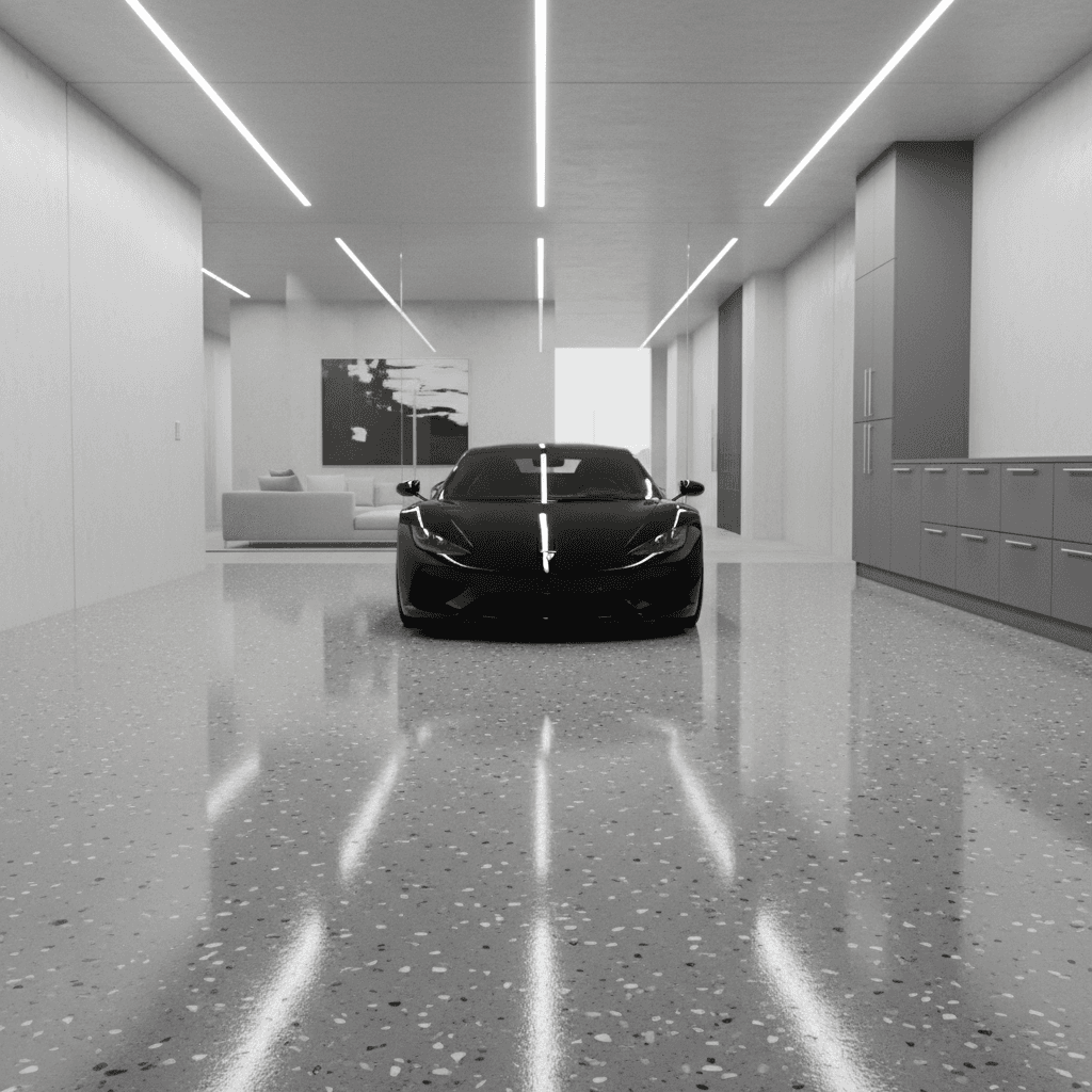 Shiny gray epoxy garage floor with decorative flake finish