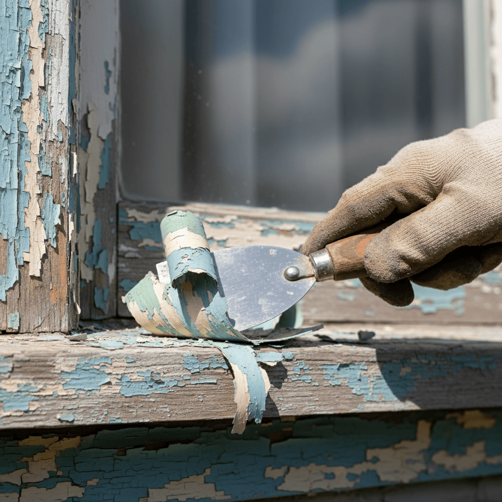 Painter's hand scraping loose paint from weathered exterior trim
