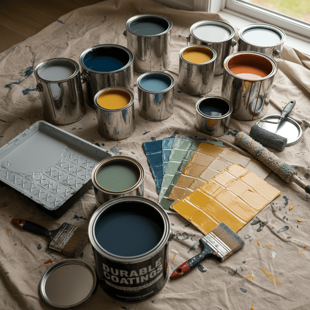 Paint cans and color swatches laid out for an interior painting project