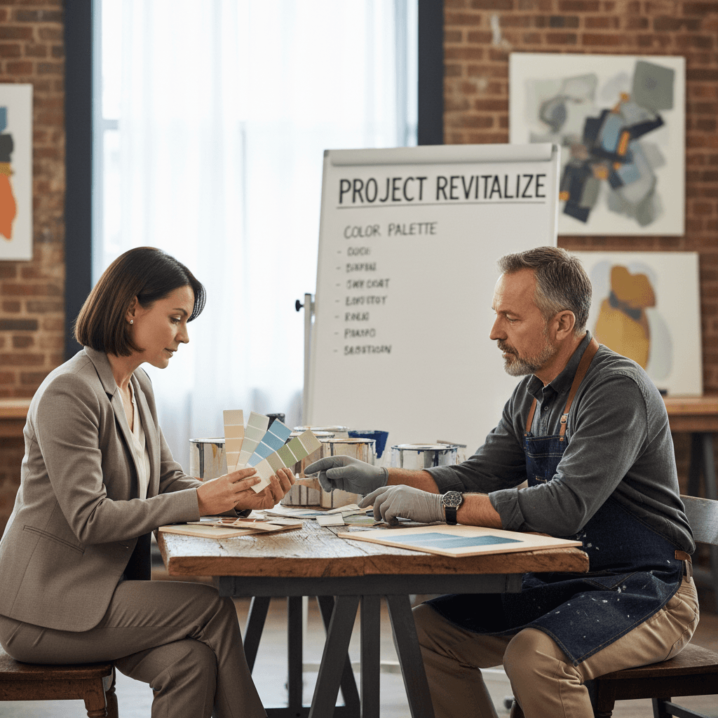 Property manager choosing paint colors with a professional painter