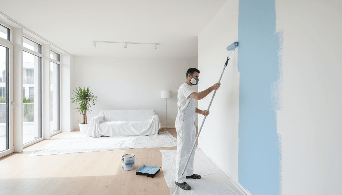 A professional painter applies a smooth coat to an interior wall