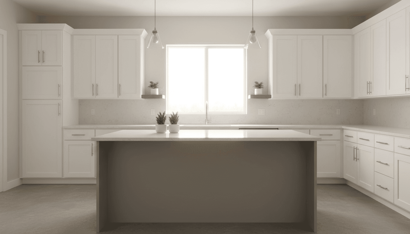 Freshly painted white kitchen cabinets with a smooth factory-like finish
