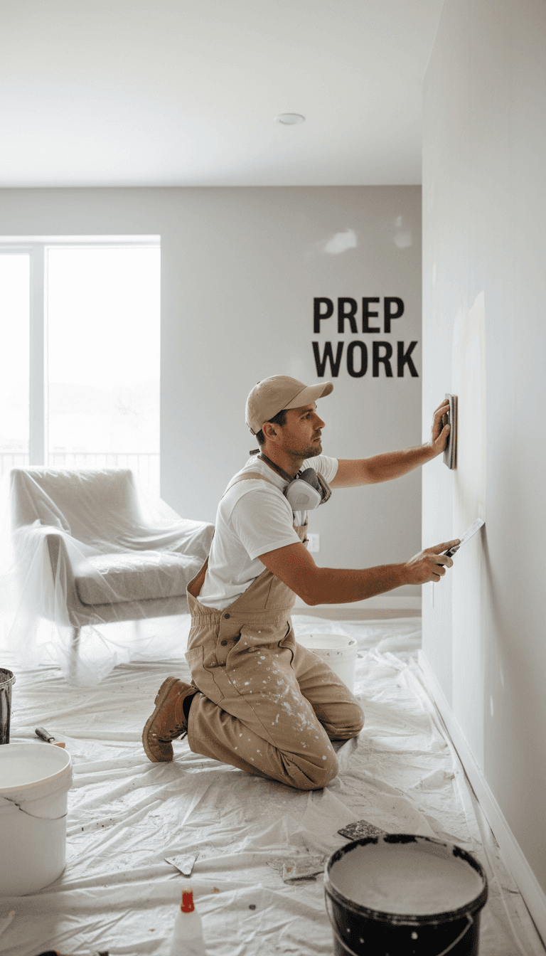 Painter prepping an interior wall before applying paint