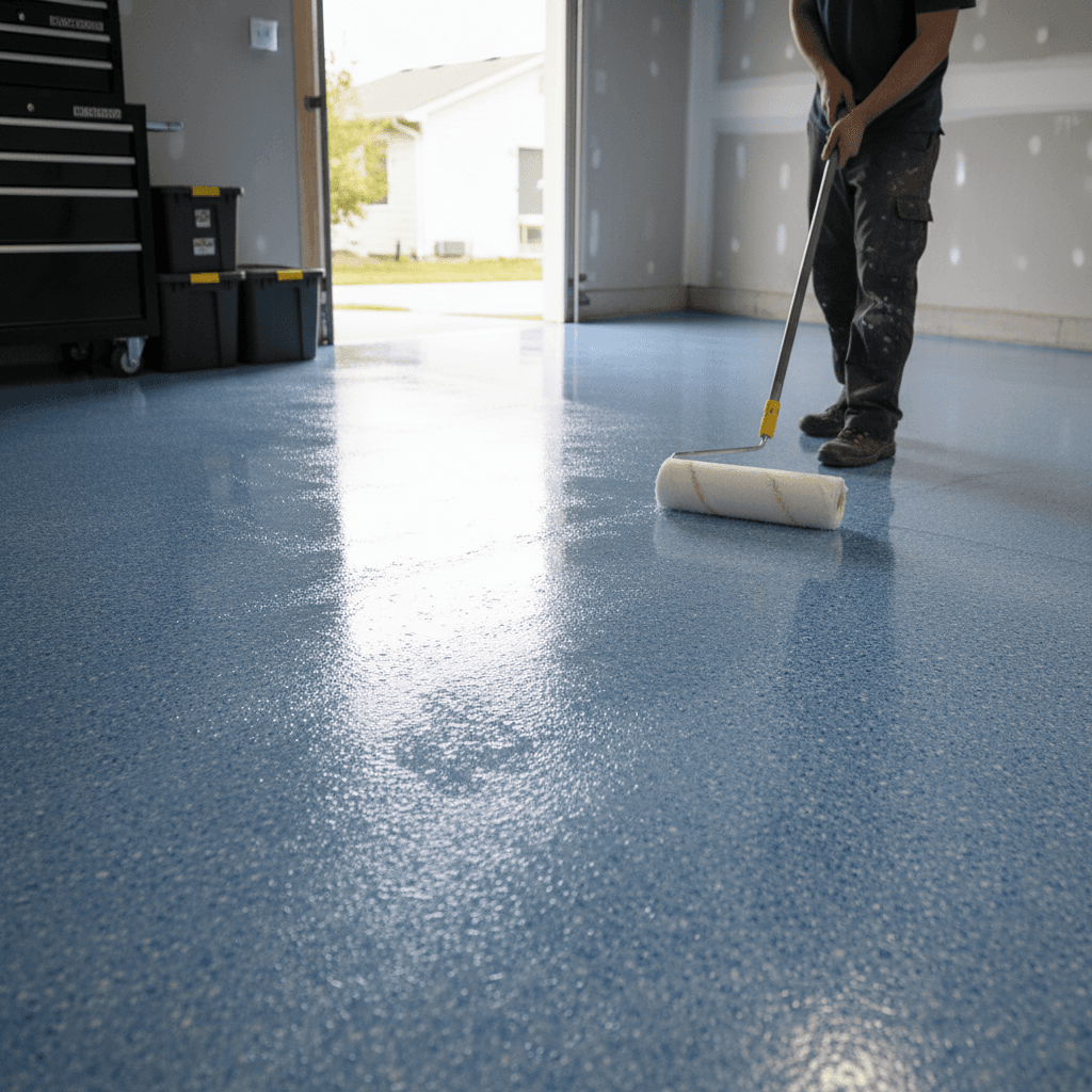 Applying a clear protective topcoat to a freshly coated epoxy garage floor