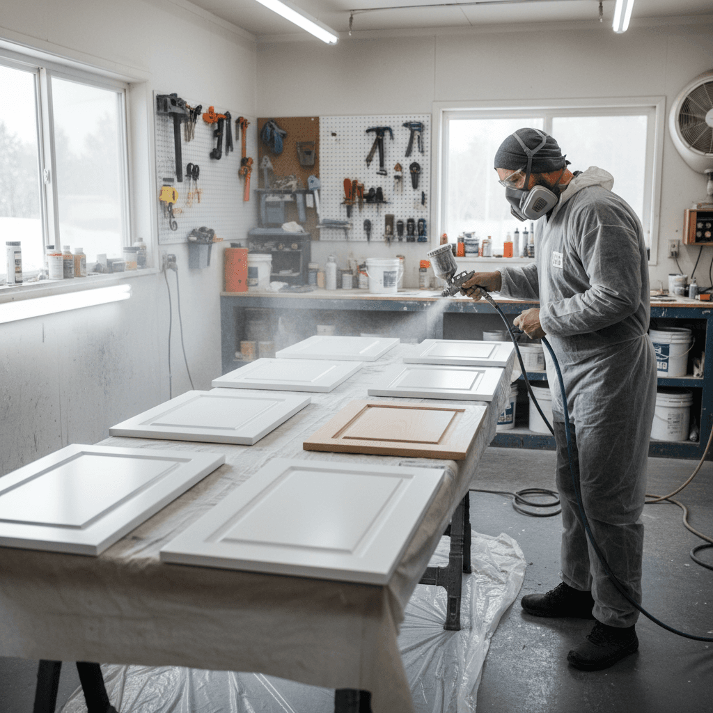 Craftsman spray painting a cabinet door with a paint sprayer in a clean workshop
