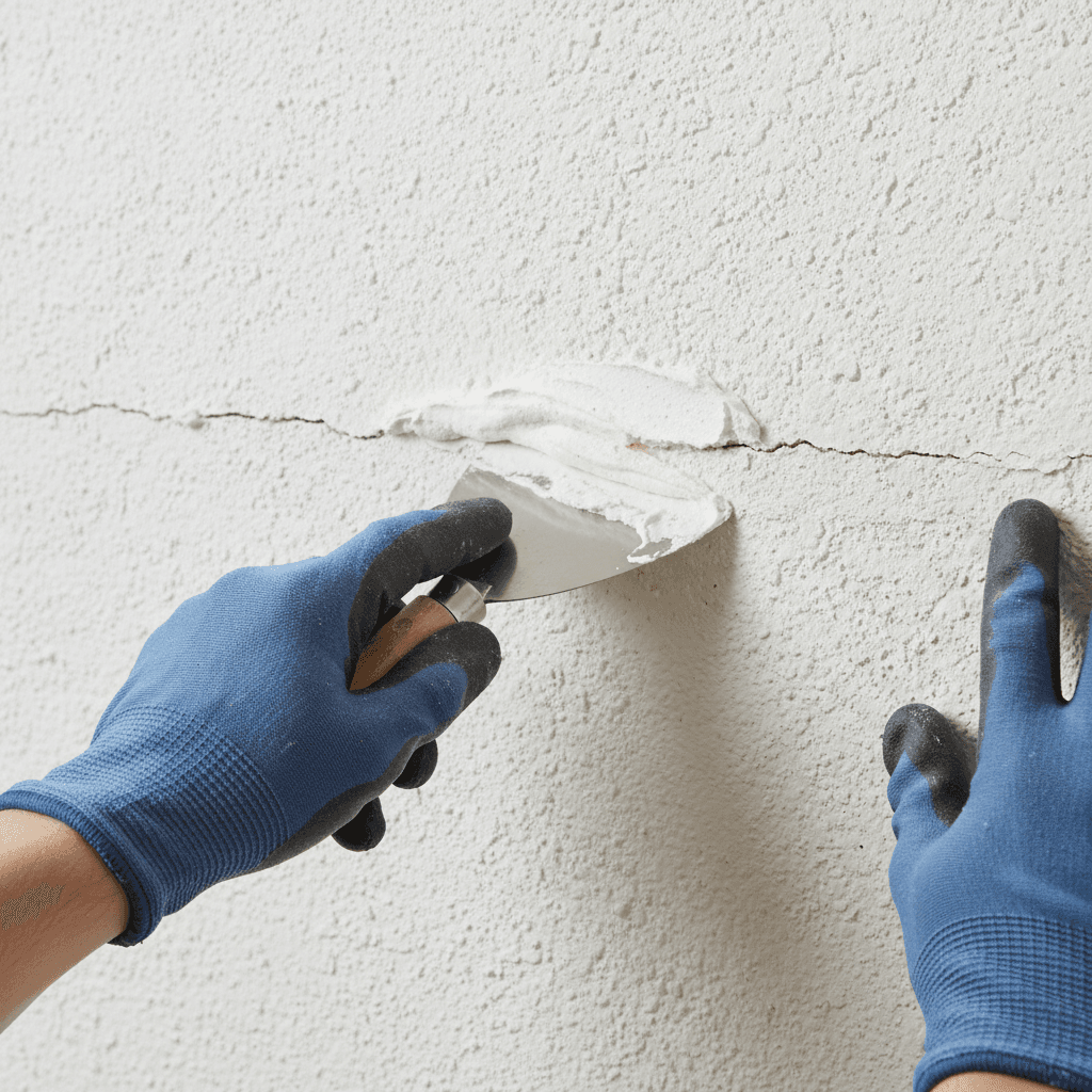 Filling a stucco crack with patching compound before painting