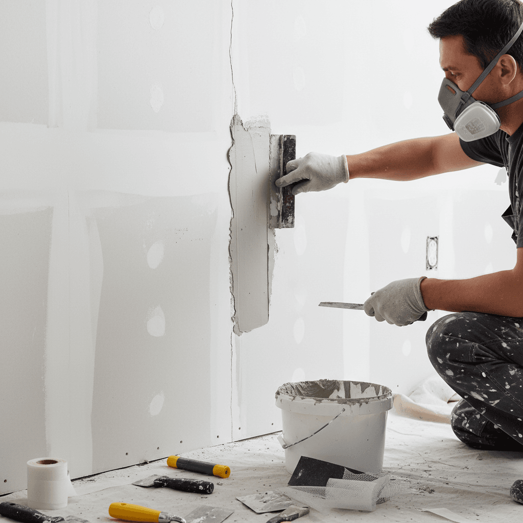 Painter filling a crack in drywall with a putty knife