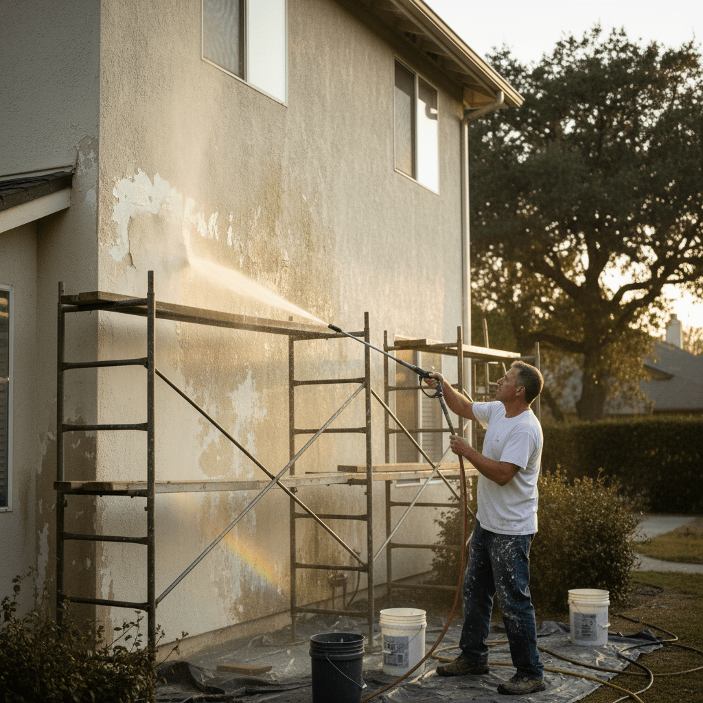 Painter power washing an exterior wall before painting